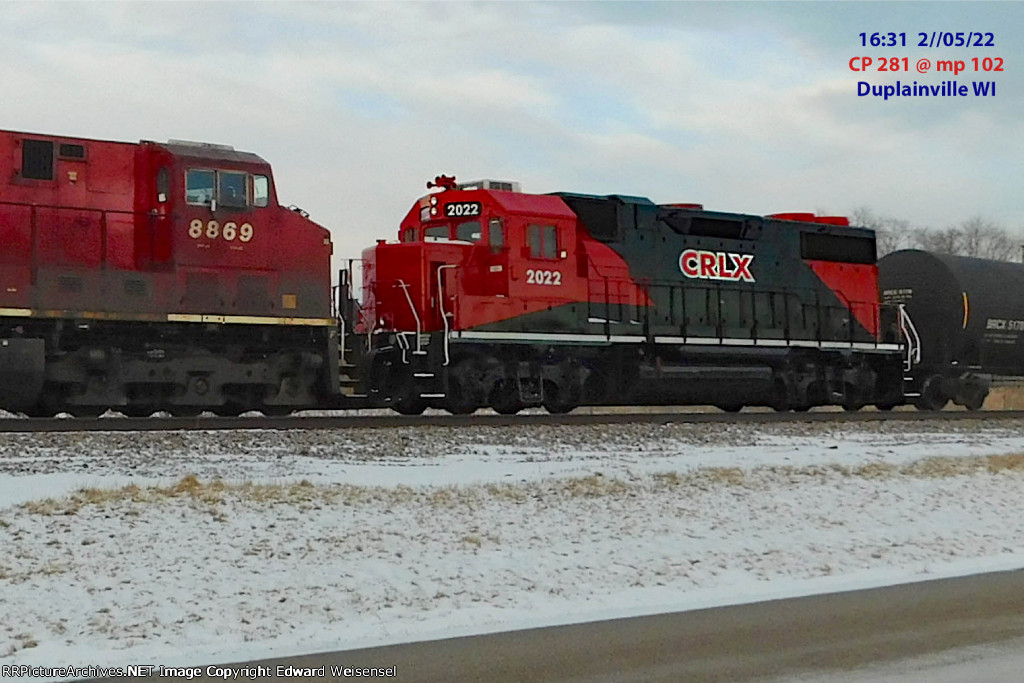 CP 281, 4 x 1 Saturday, shuttles fresh GP38-2 (nee SOU) CRLX 2022 headed to Centex Rail Link (Canadain Railserve)